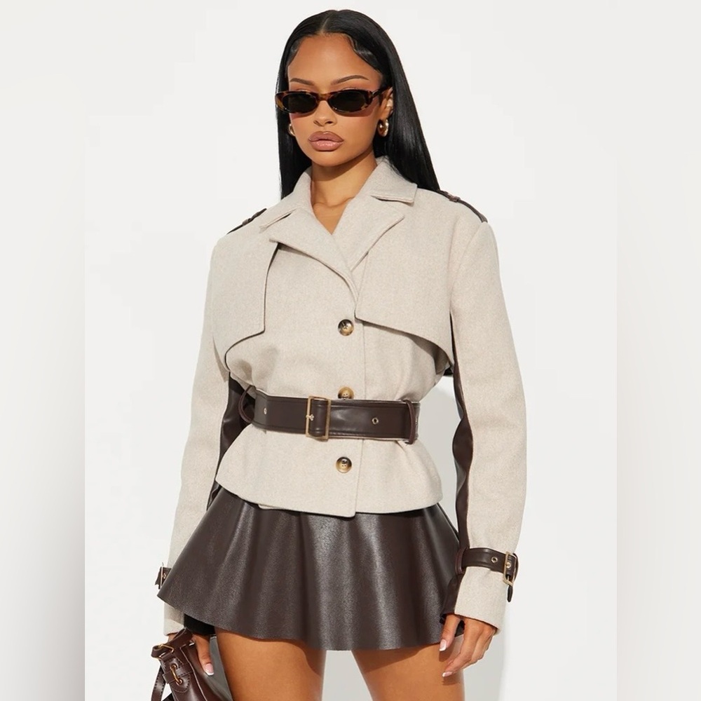 Women's Cream Belted Trench Jacket with Dark Brown Accents